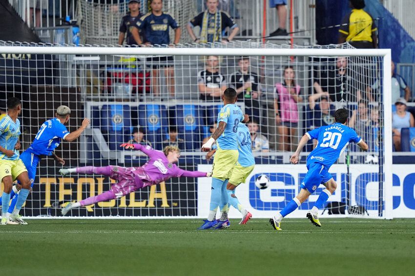 Aug 6, 2026; Philadelphia, PA, USA; Cruz Azul forward Jose Paradela (20) scores a goal against the Philadelphia Union in the first half during the Leagues Cup Phase One match at Subaru Park.